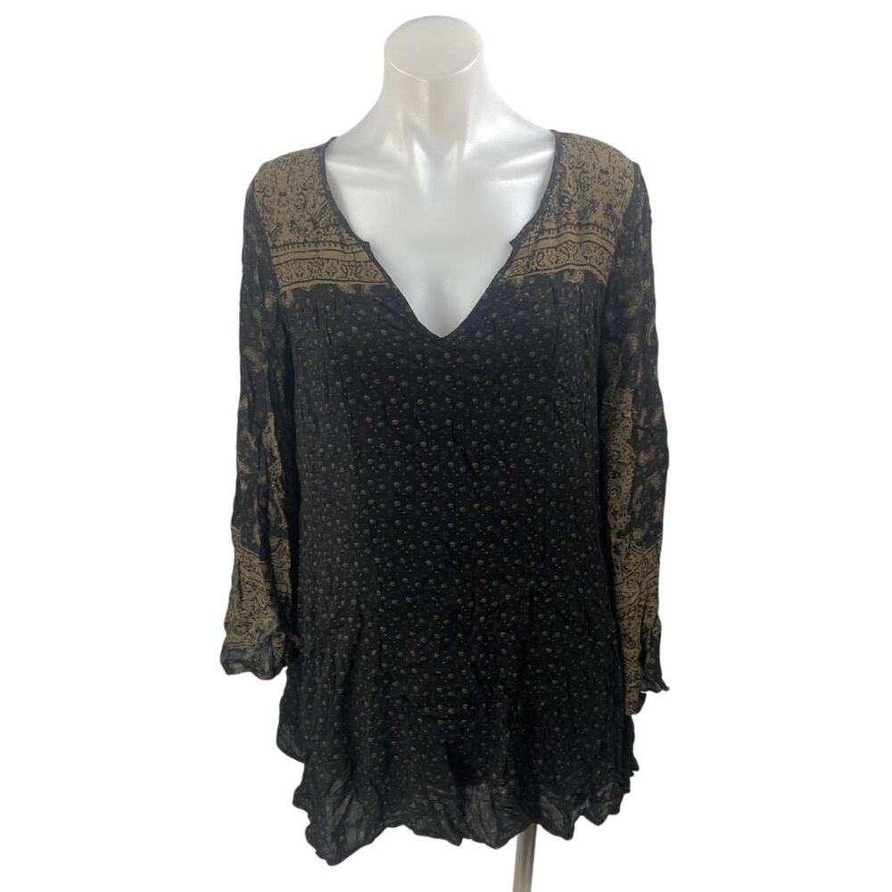 Free People Black Beige Floral Long Bell Sleeve V Neck Mini Tunic Dress Size XS